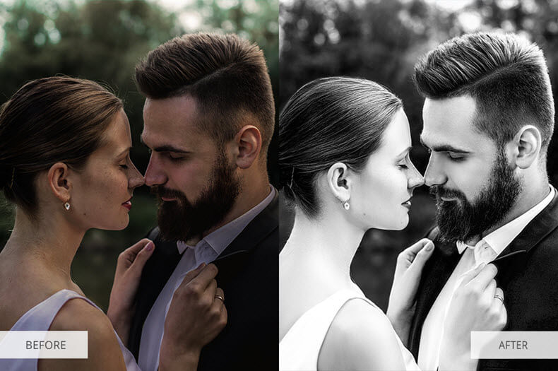 Before/after applying black and white preset