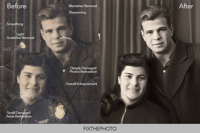 Before/after photo restoration with Fix The Photo